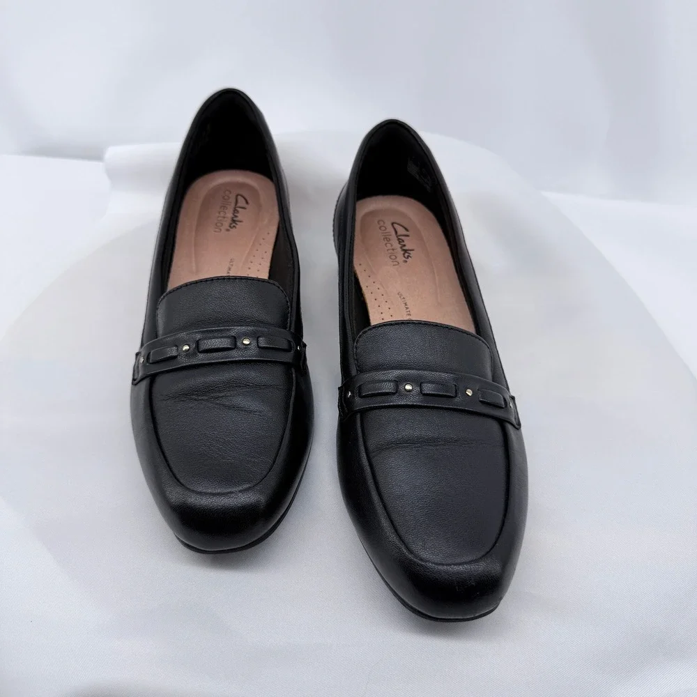 Clarks Collection Loafers Womens 8.5 Black Leather Square Toe Block Heel Classic